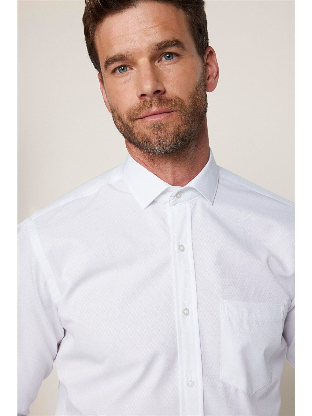 Erkek Regular Fit Klasik Kesim Armürlü Kravatlık Yaka Desenli Beyaz Gömlek-2