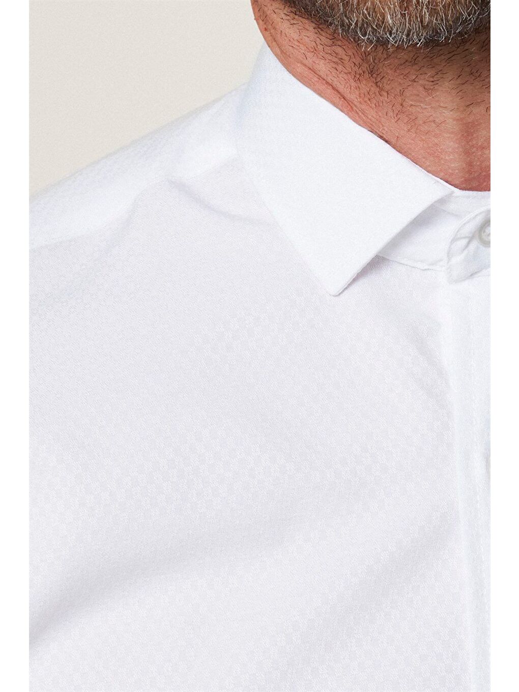 Erkek Regular Fit Klasik Kesim Armürlü Kravatlık Yaka Desenli Beyaz Gömlek-3