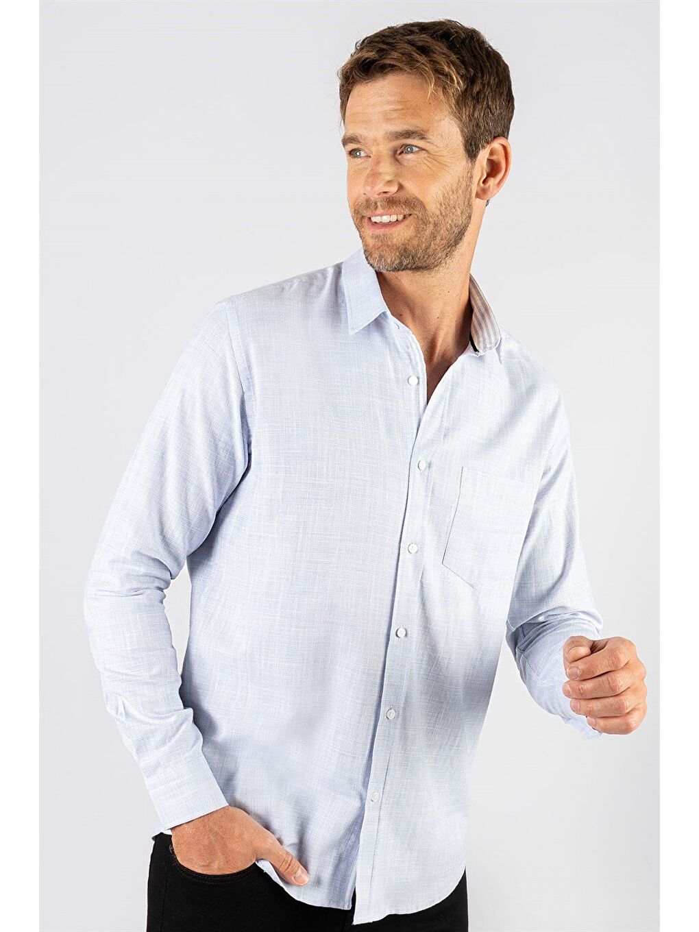 Erkek Regular Fit Klasik Kesim %100 Pamuk Keten Doku Cepli Mavi Gömlek-1