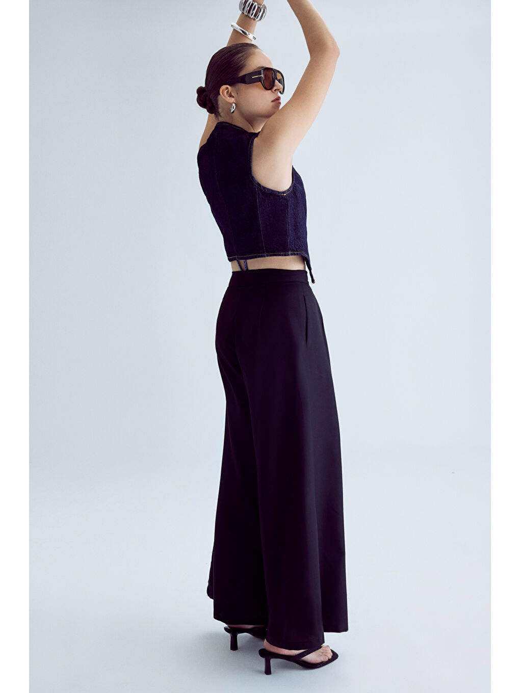 Kadın Siyah Renk S5-1 Dokuma Kumaş Süper Palazzo Rahat Kesim Kumaş Pantolon-1