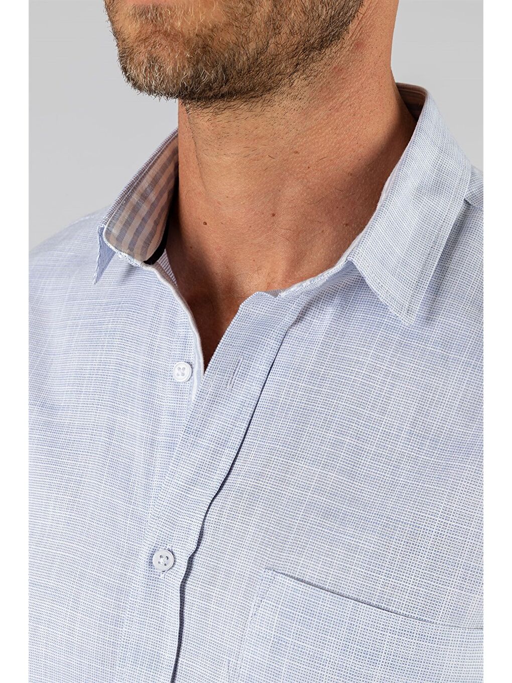 Erkek Regular Fit Klasik Kesim %100 Pamuk Keten Doku Cepli Mavi Gömlek-3