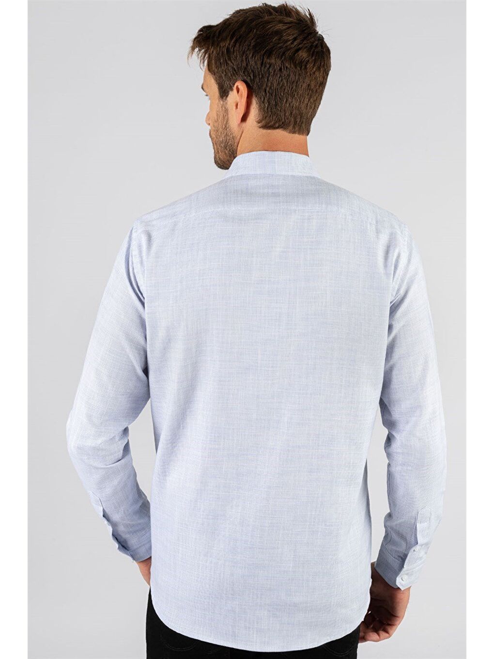 Erkek Regular Fit Klasik Kesim %100 Pamuk Keten Doku Cepli Mavi Gömlek-4