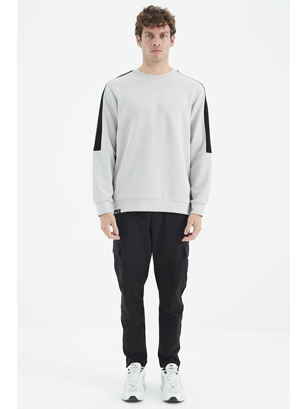 Bej Taş Bisiklet Yaka Omuz Şerit Detaylı Rahat Kalıp Erkek Sweatshirt - 88297