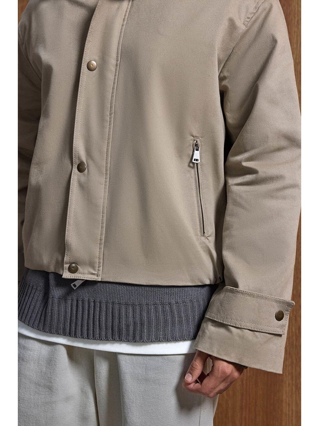 Erkek Relax Fit Kontrast Yaka Ceket Bej-1