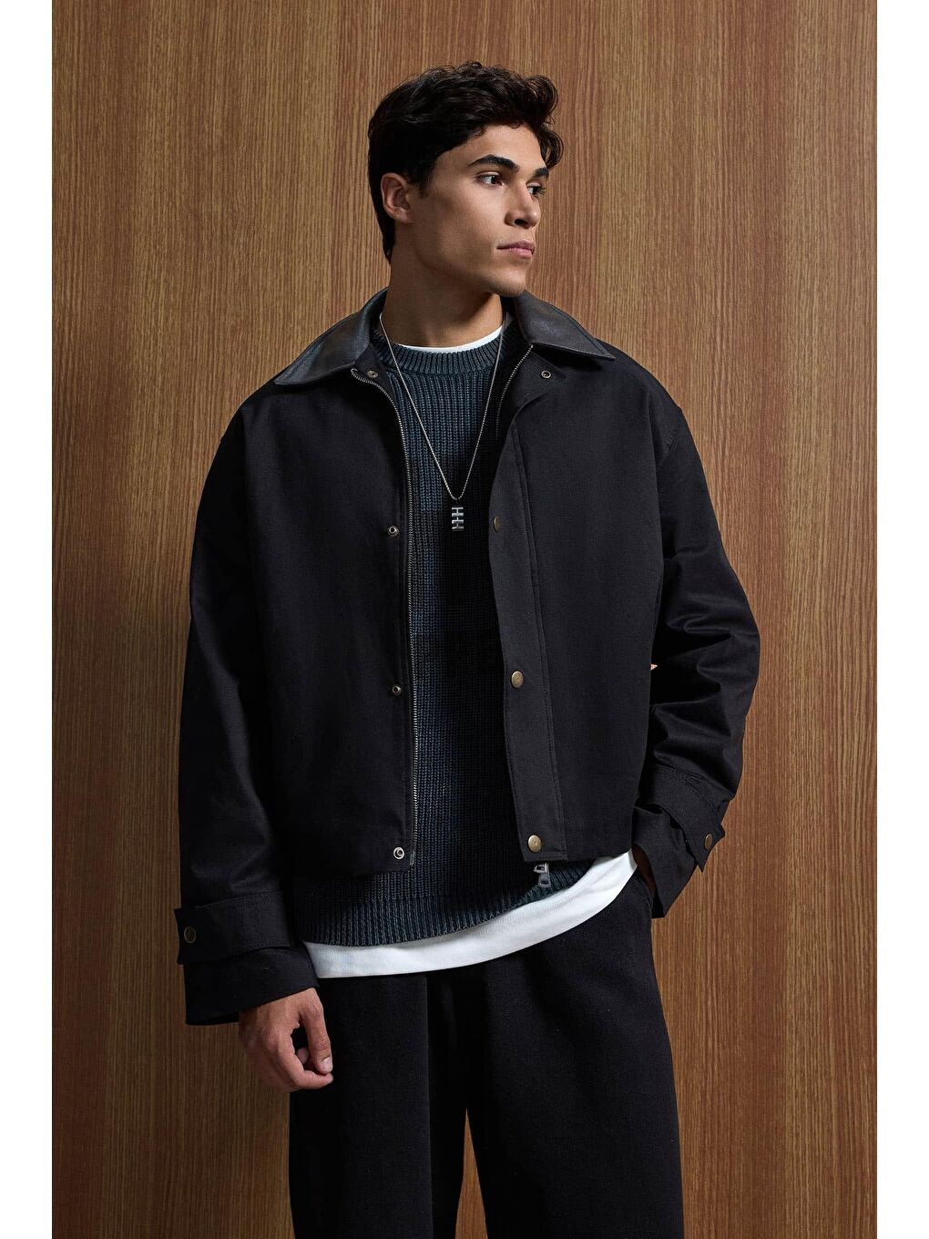 Erkek Relax Fit Kontrast Yaka Ceket Siyah