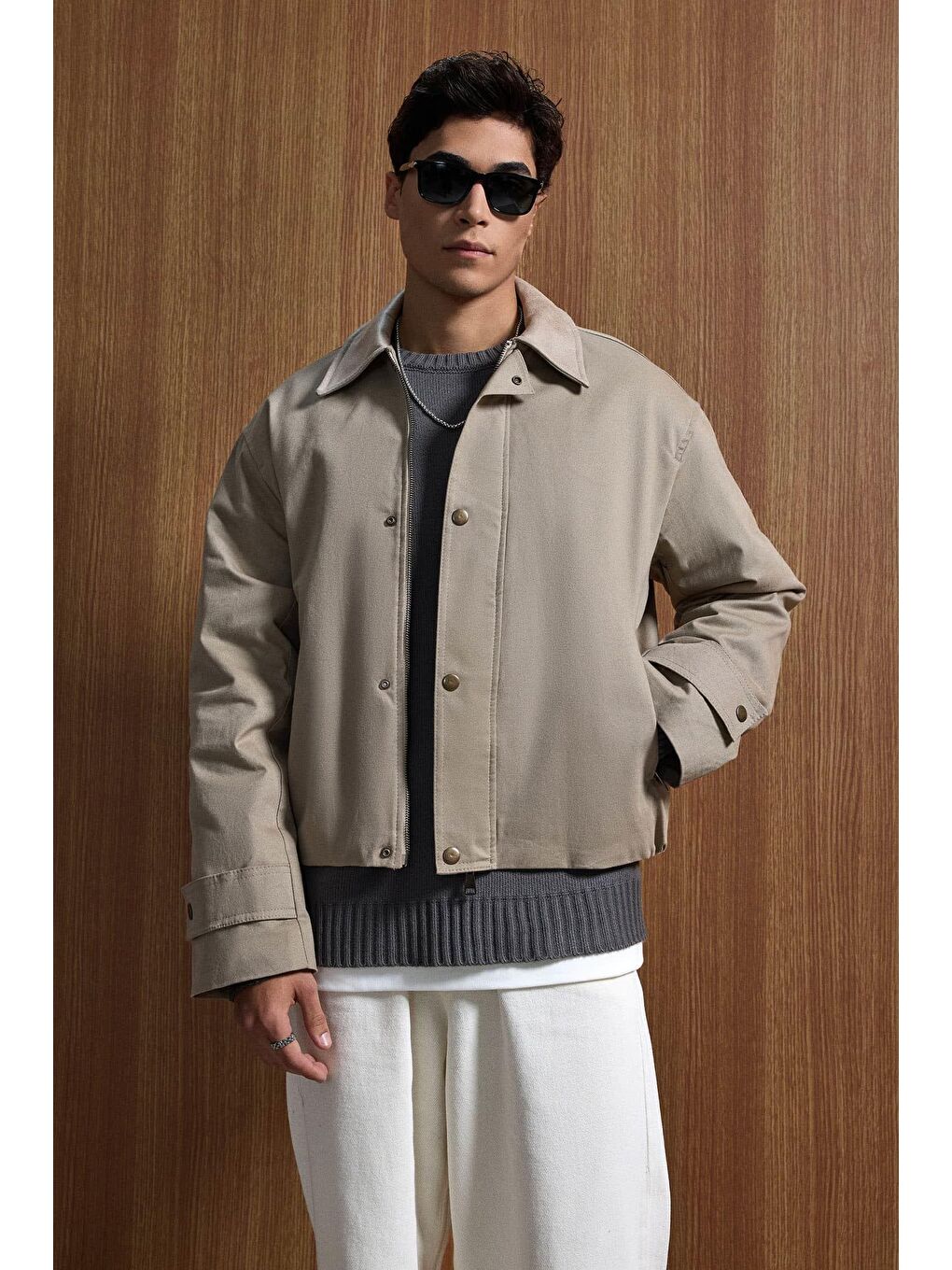 Erkek Relax Fit Kontrast Yaka Ceket Bej-2