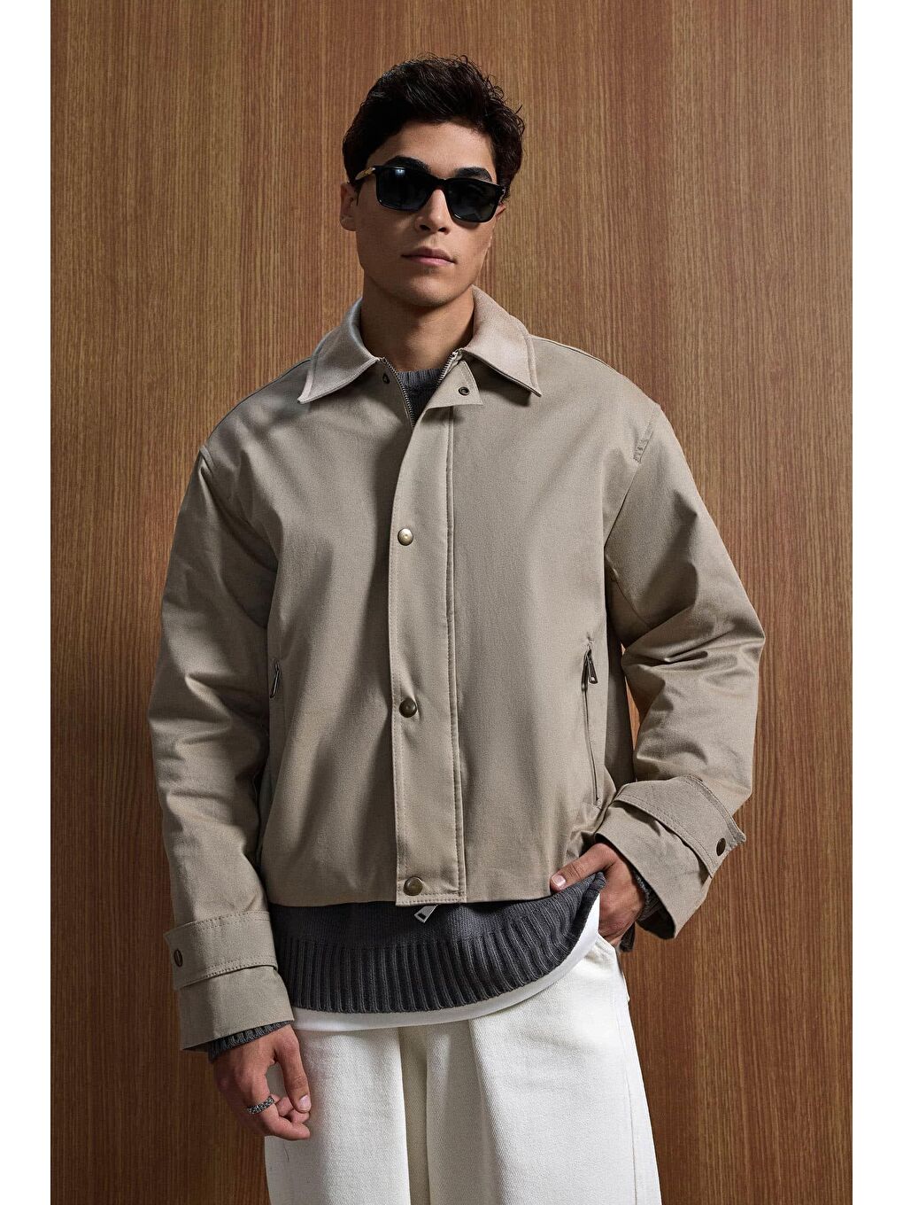 Erkek Relax Fit Kontrast Yaka Ceket Bej-3