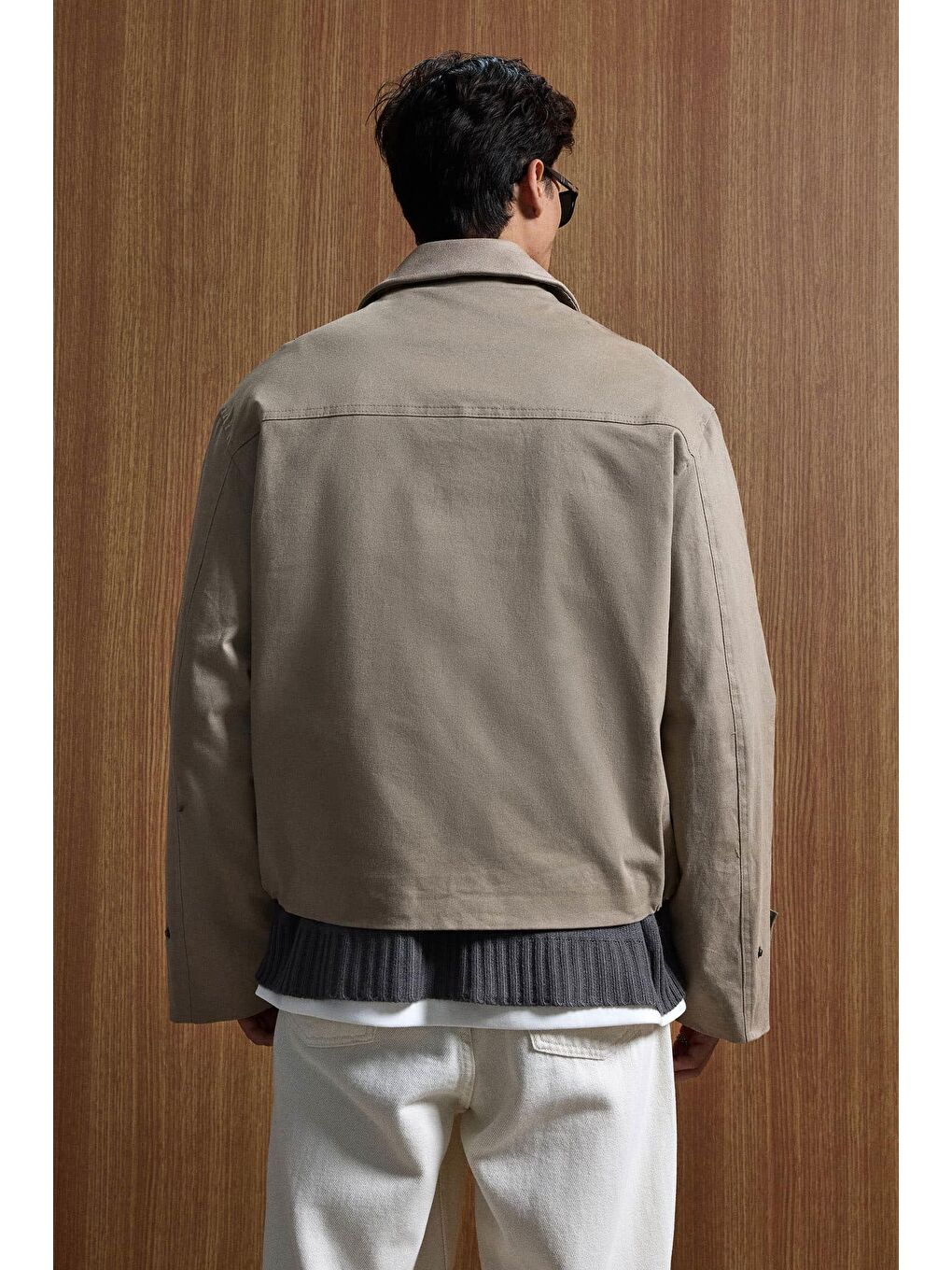 Erkek Relax Fit Kontrast Yaka Ceket Bej-4