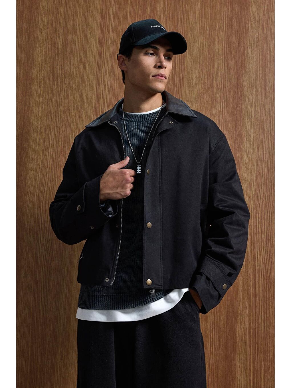 Erkek Relax Fit Kontrast Yaka Ceket Siyah-2