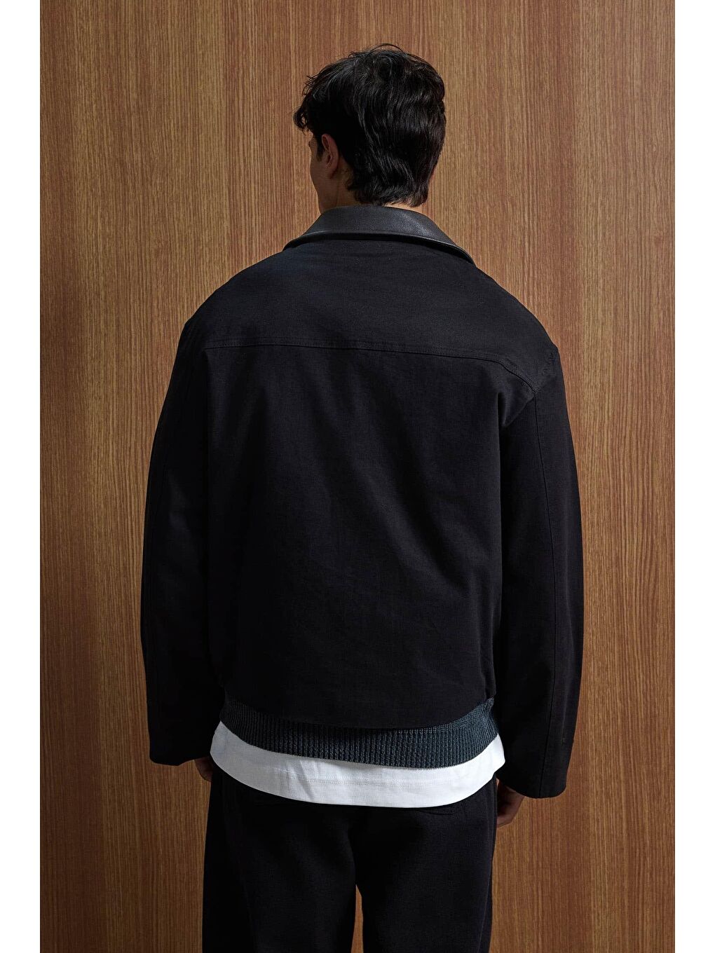 Erkek Relax Fit Kontrast Yaka Ceket Siyah-4