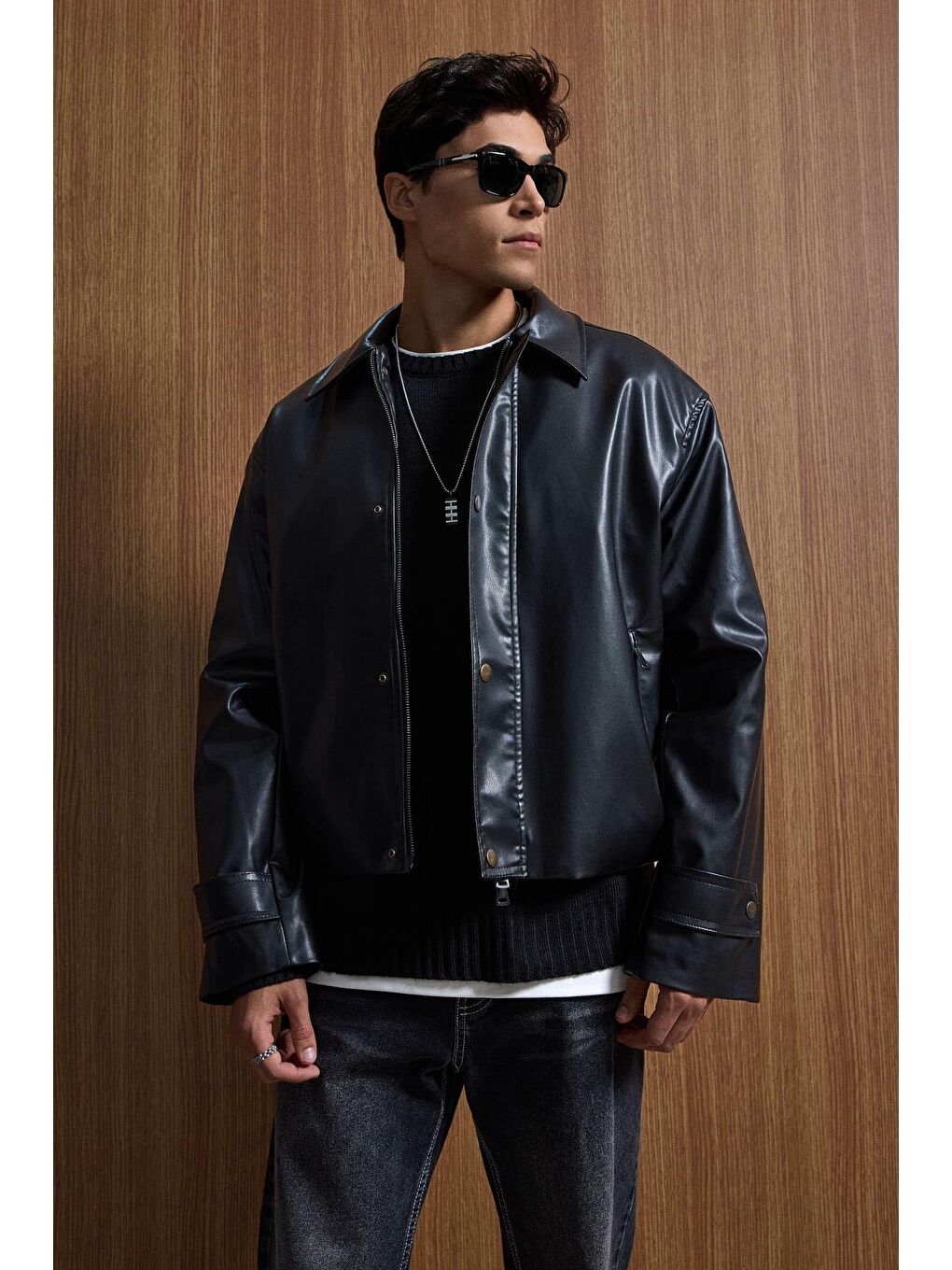 Erkek Boxy Fit Geniş Kesim Premium Deri Ceket Siyah-2