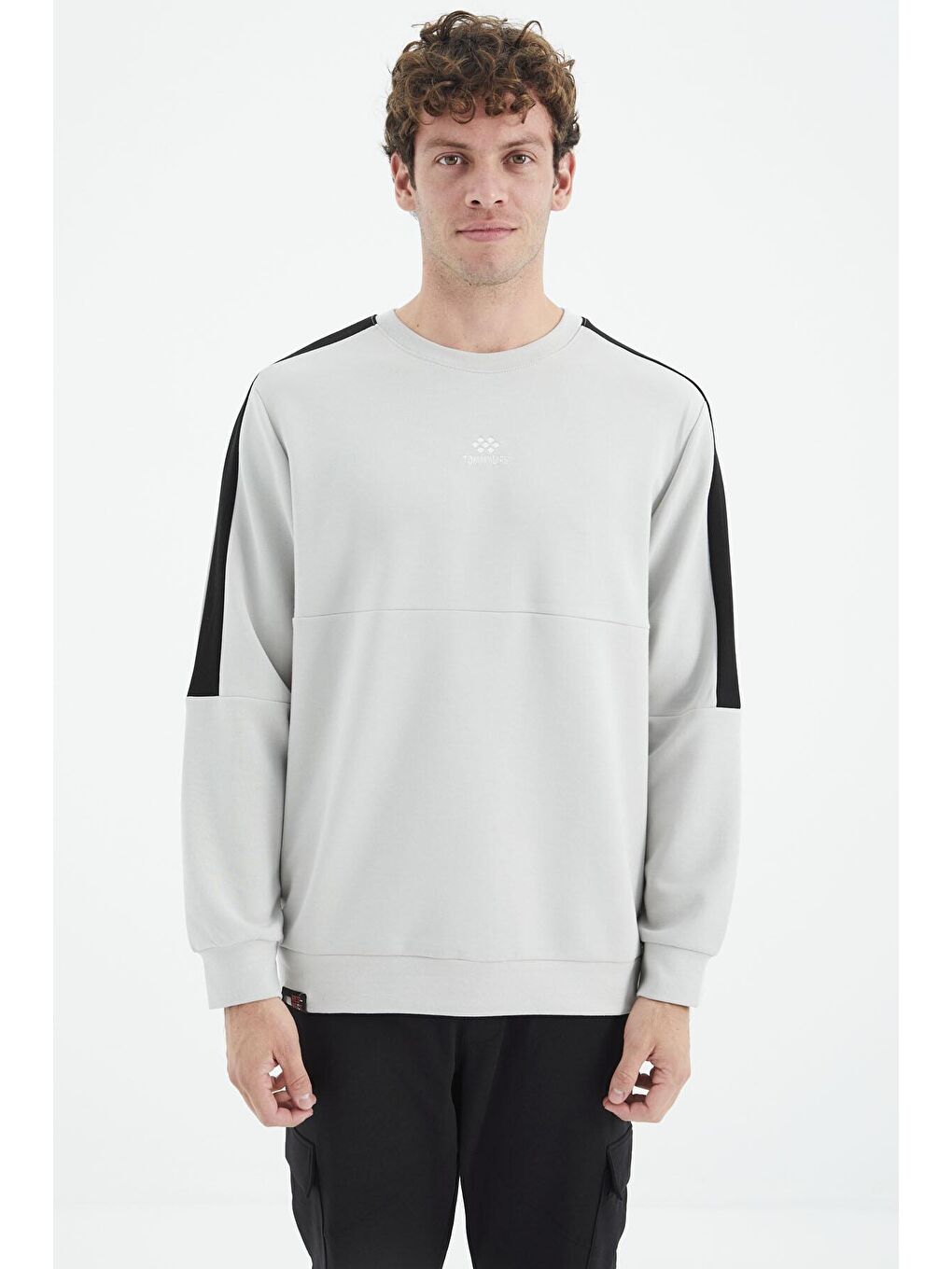 Bej Taş Bisiklet Yaka Omuz Şerit Detaylı Rahat Kalıp Erkek Sweatshirt - 88297-2