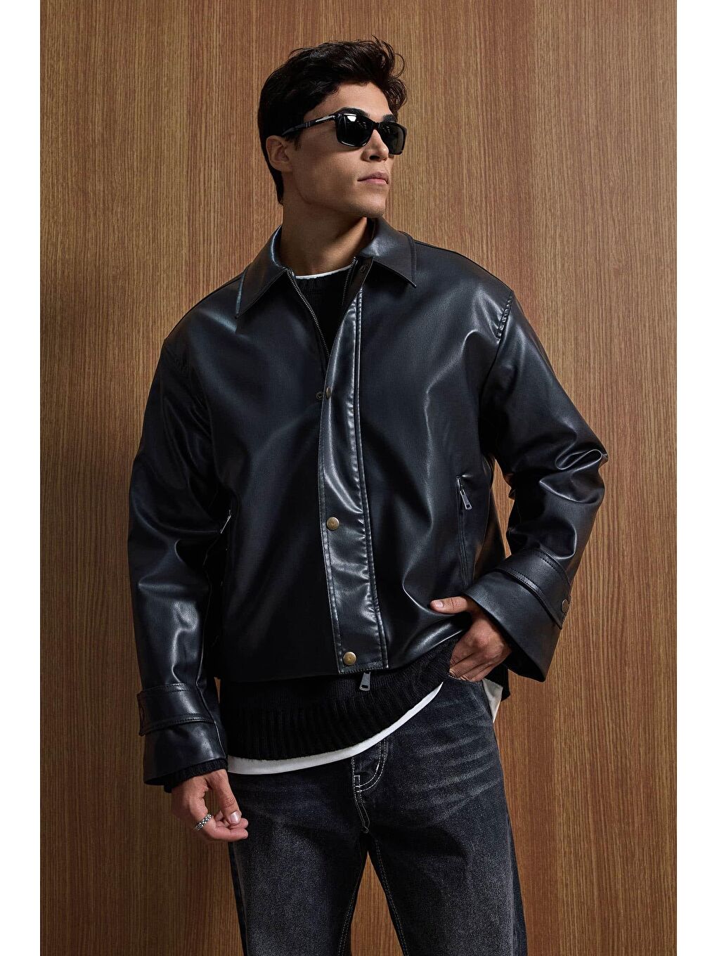 Erkek Boxy Fit Geniş Kesim Premium Deri Ceket Siyah-3