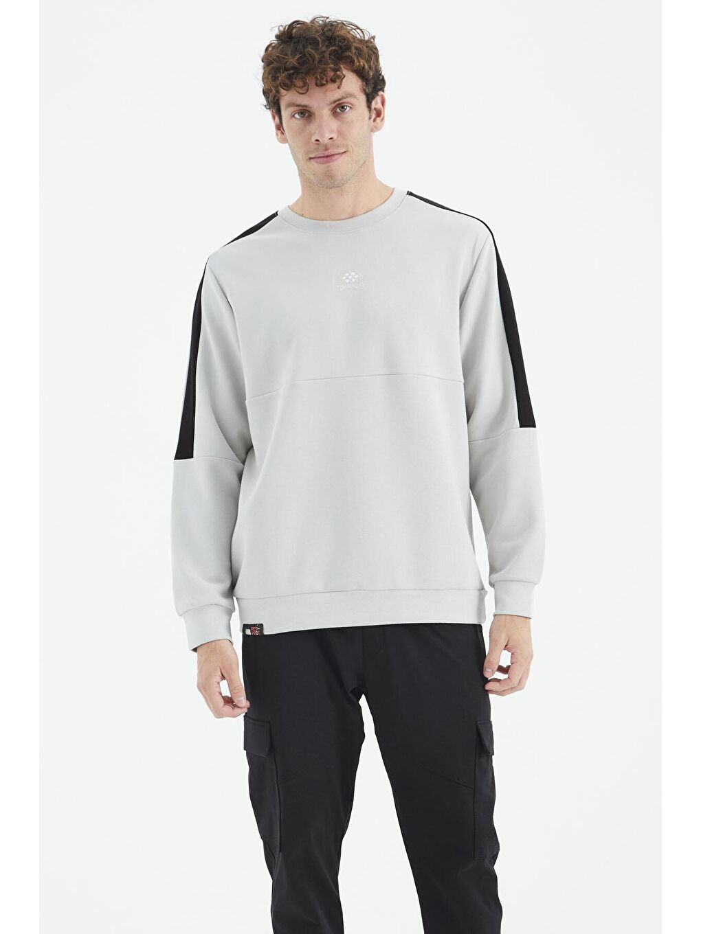 Bej Taş Bisiklet Yaka Omuz Şerit Detaylı Rahat Kalıp Erkek Sweatshirt - 88297-3