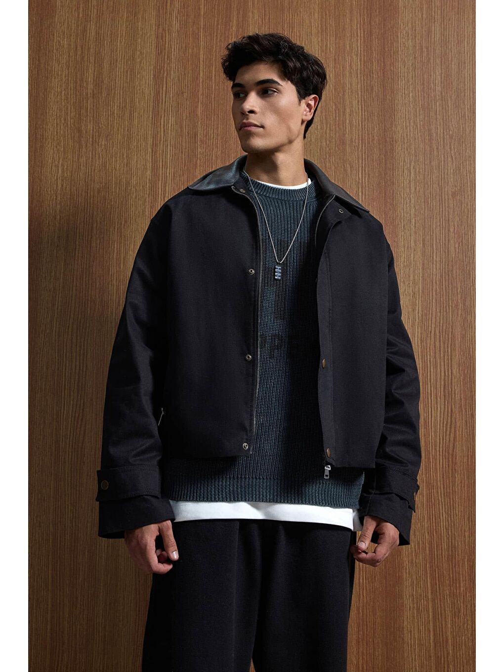 Erkek Relax Fit Kontrast Yaka Ceket Siyah-8