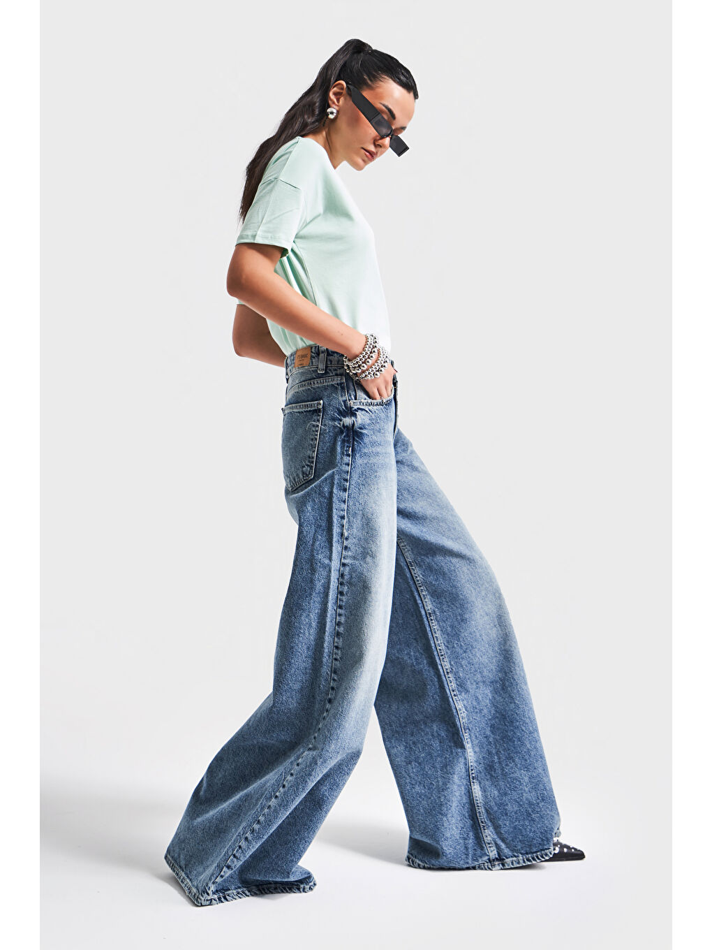 Kadın Mavi Renk 4S5-65 Süper Palazzo Fit Elaphant Leg %100 Pamuk Denim-1