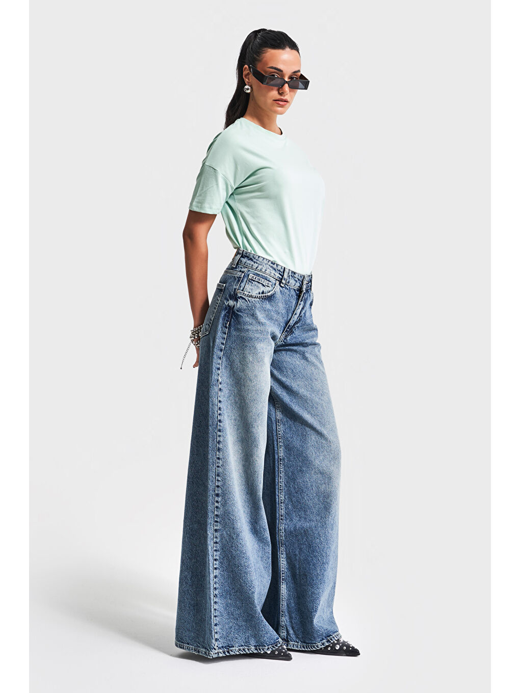 Kadın Mavi Renk 4S5-65 Süper Palazzo Fit Elaphant Leg %100 Pamuk Denim-2