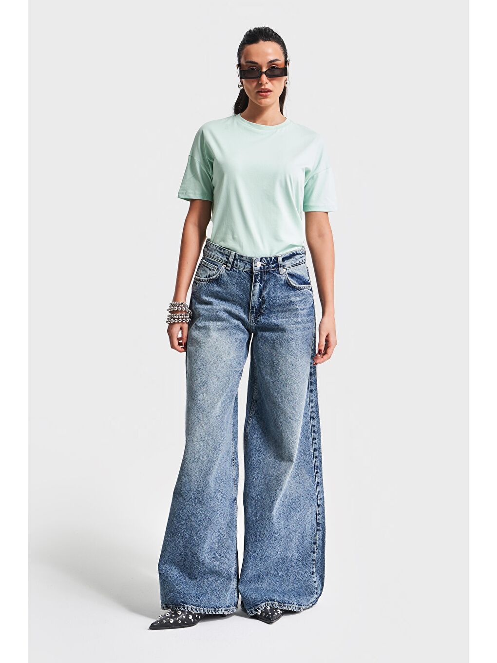 Kadın Mavi Renk 4S5-65 Süper Palazzo Fit Elaphant Leg %100 Pamuk Denim-3