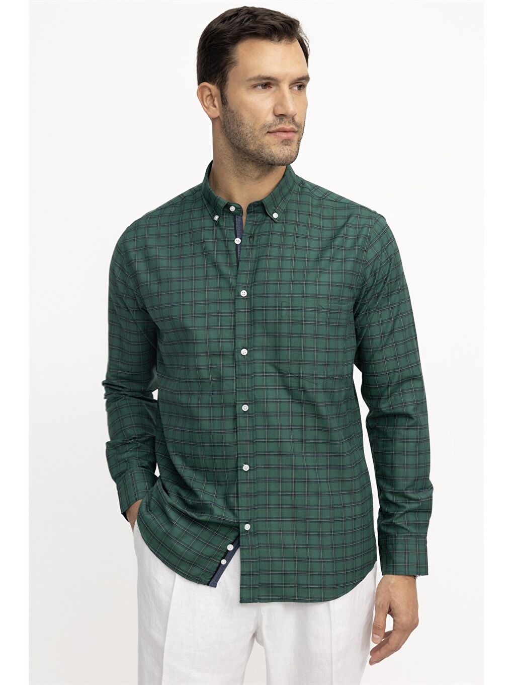 Erkek Regular Fit Klasik Kesim Ekoseli Biyeli Yaka Düğmeli Yeşil Gömlek-1