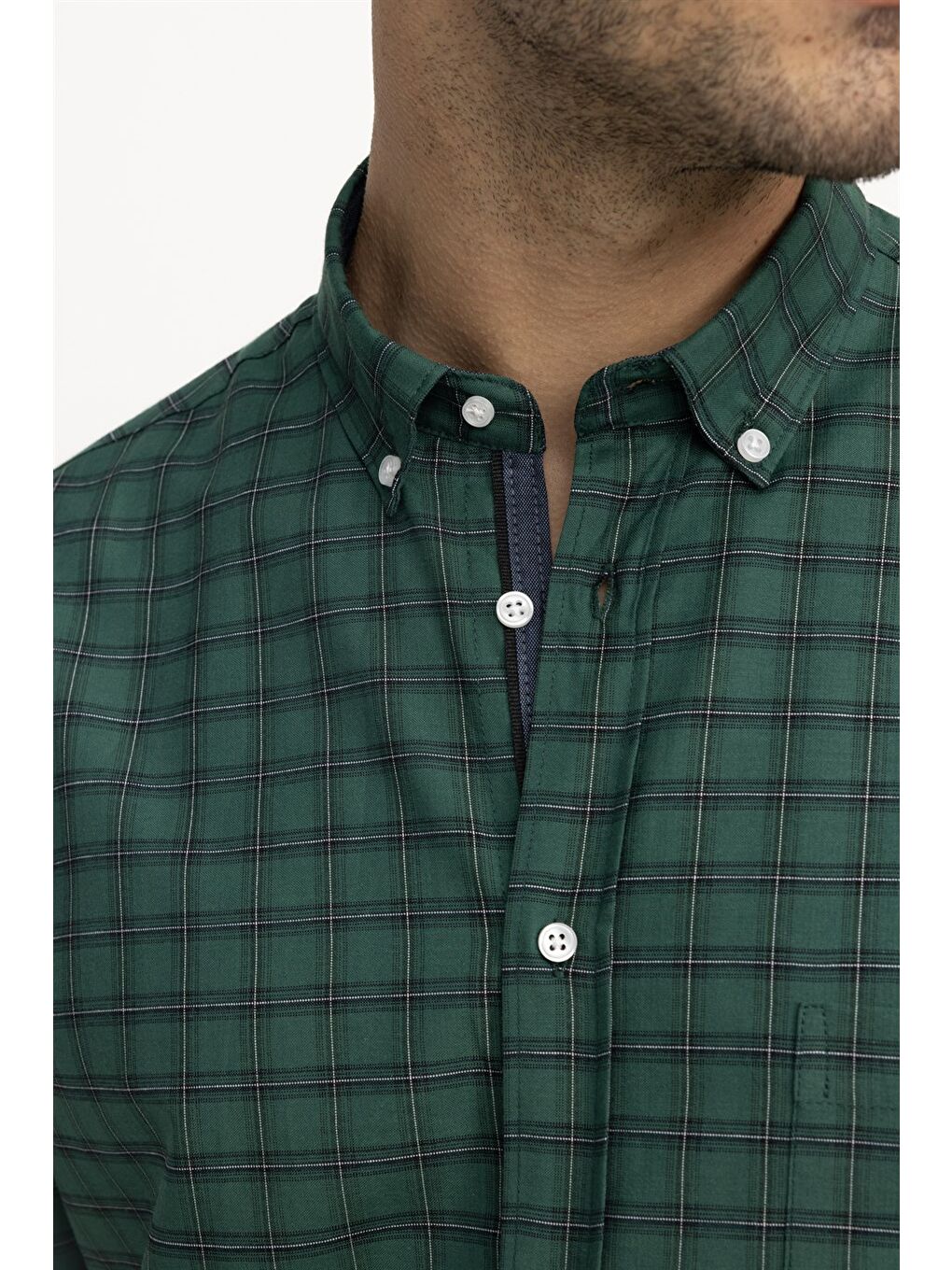 Erkek Regular Fit Klasik Kesim Ekoseli Biyeli Yaka Düğmeli Yeşil Gömlek-2