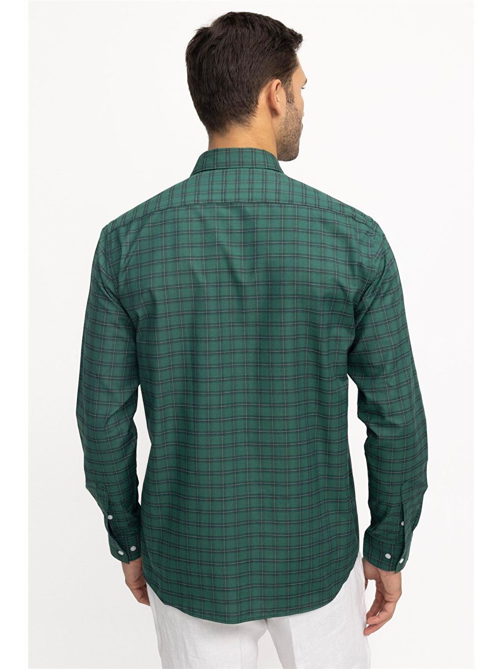 Erkek Regular Fit Klasik Kesim Ekoseli Biyeli Yaka Düğmeli Yeşil Gömlek-3