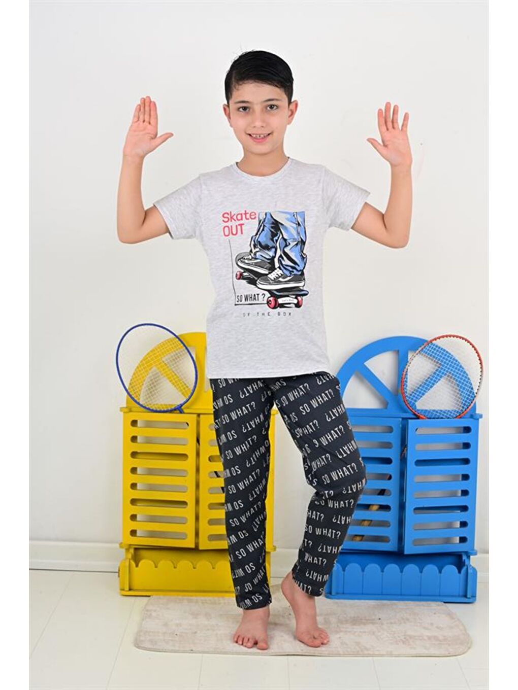 Erkek Çocuk Kısa Kollu Pijama Takımı So What Skate Model Gri