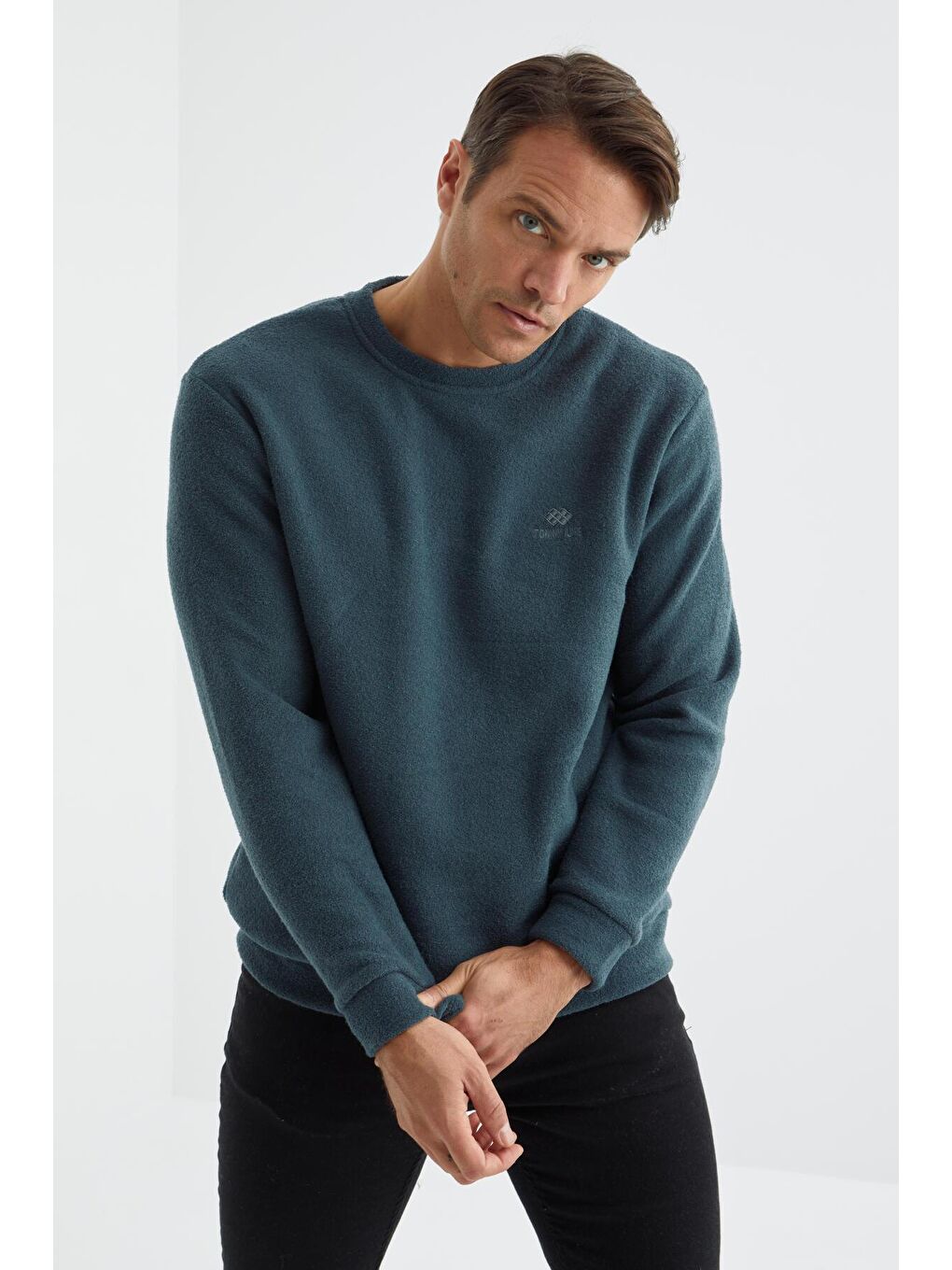 Orman Yeşili Bisiklet Yaka Basic Rahat Form Erkek Havlu Polar Sweatshirt - 88163