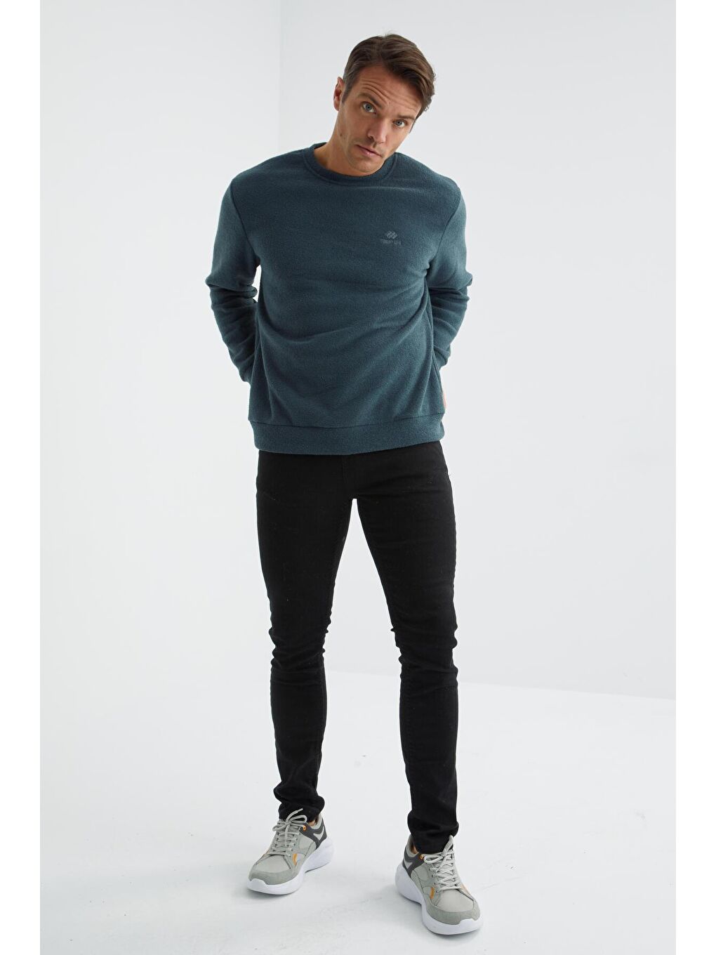 Orman Yeşili Bisiklet Yaka Basic Rahat Form Erkek Havlu Polar Sweatshirt - 88163-1