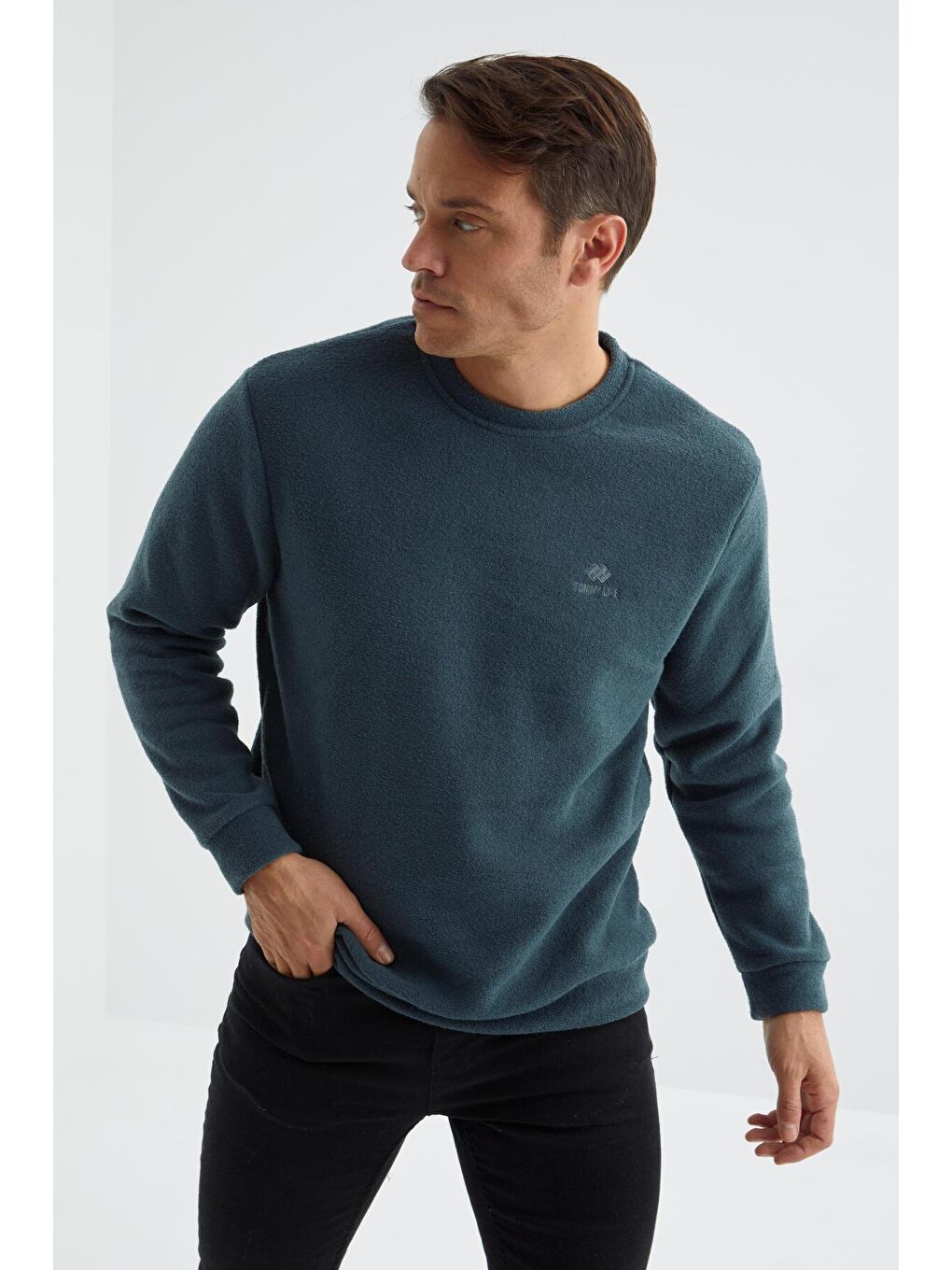 Orman Yeşili Bisiklet Yaka Basic Rahat Form Erkek Havlu Polar Sweatshirt - 88163-2
