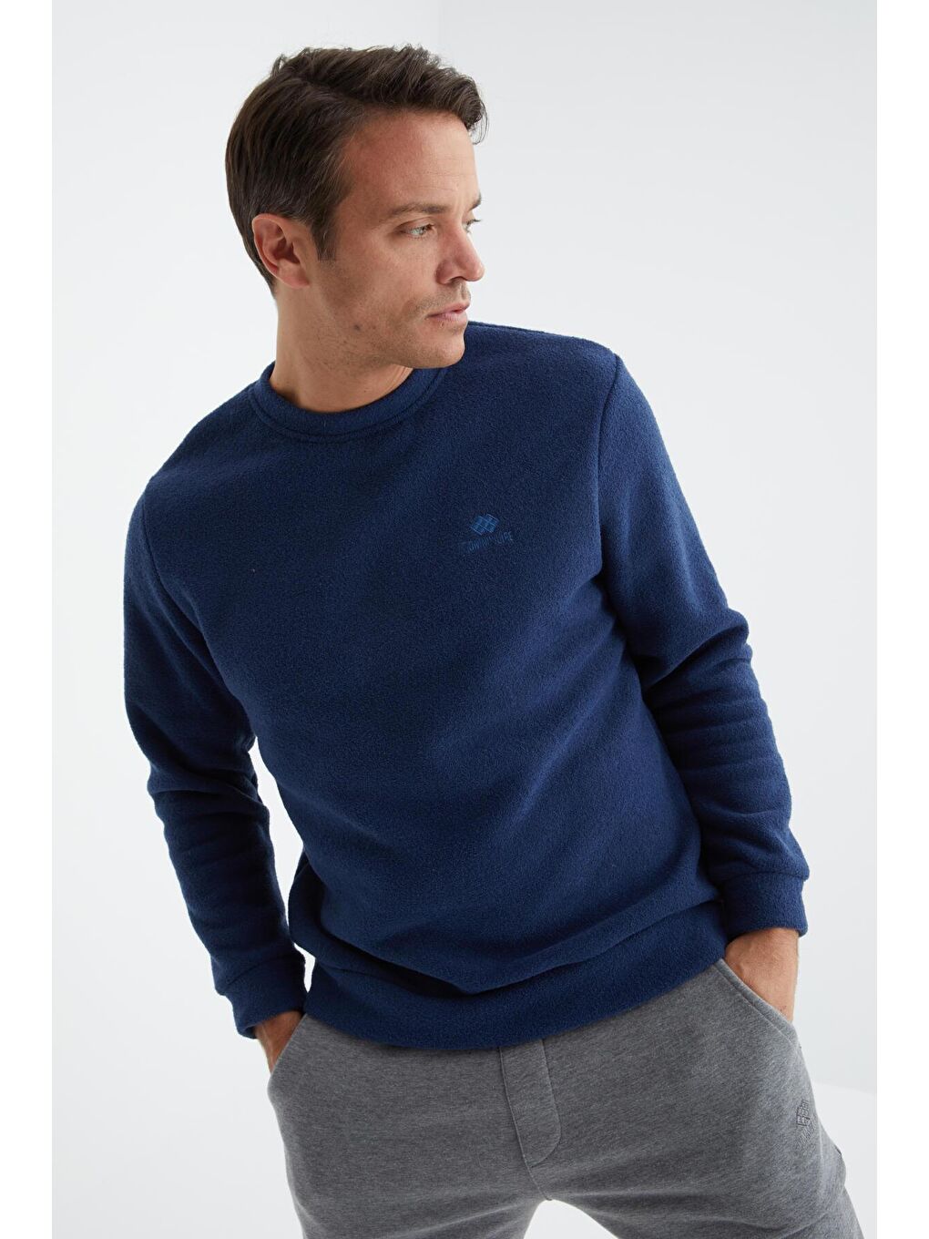 İndigo Bisiklet Yaka Basic Rahat Form Erkek Havlu Polar Sweatshirt - 88163