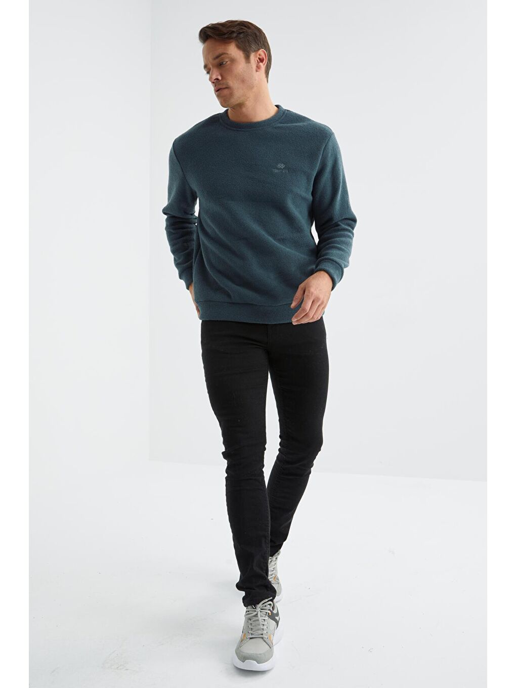 Orman Yeşili Bisiklet Yaka Basic Rahat Form Erkek Havlu Polar Sweatshirt - 88163-3