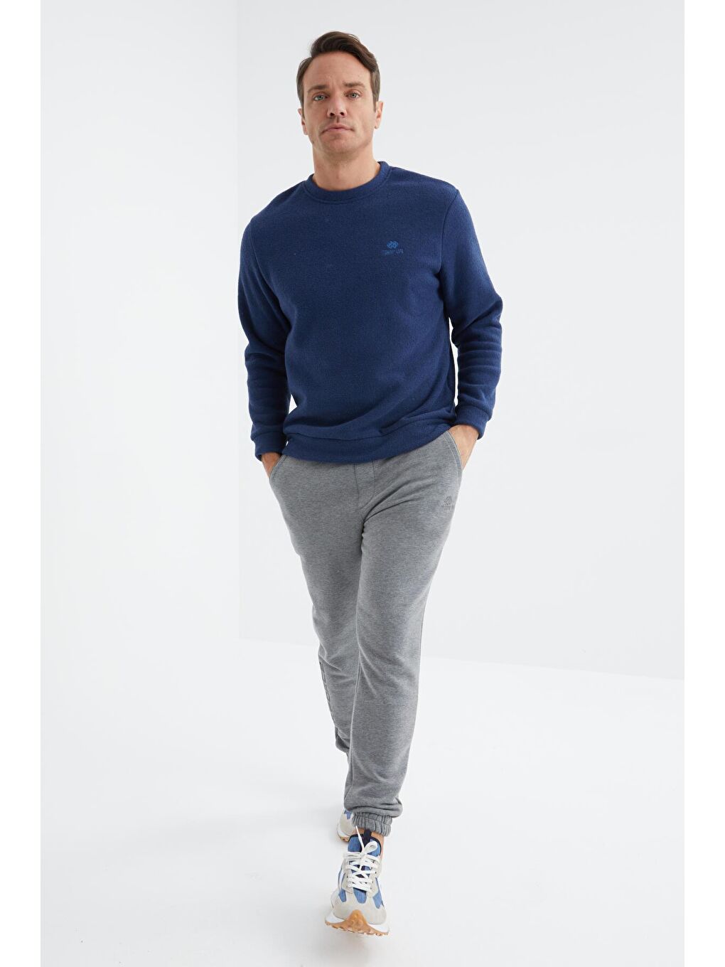 İndigo Bisiklet Yaka Basic Rahat Form Erkek Havlu Polar Sweatshirt - 88163-1