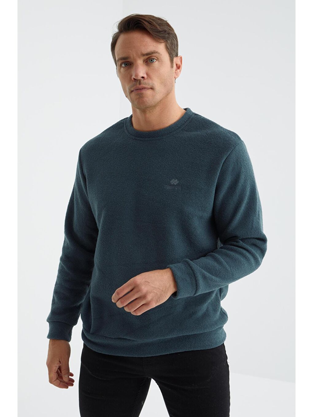 Orman Yeşili Bisiklet Yaka Basic Rahat Form Erkek Havlu Polar Sweatshirt - 88163-4