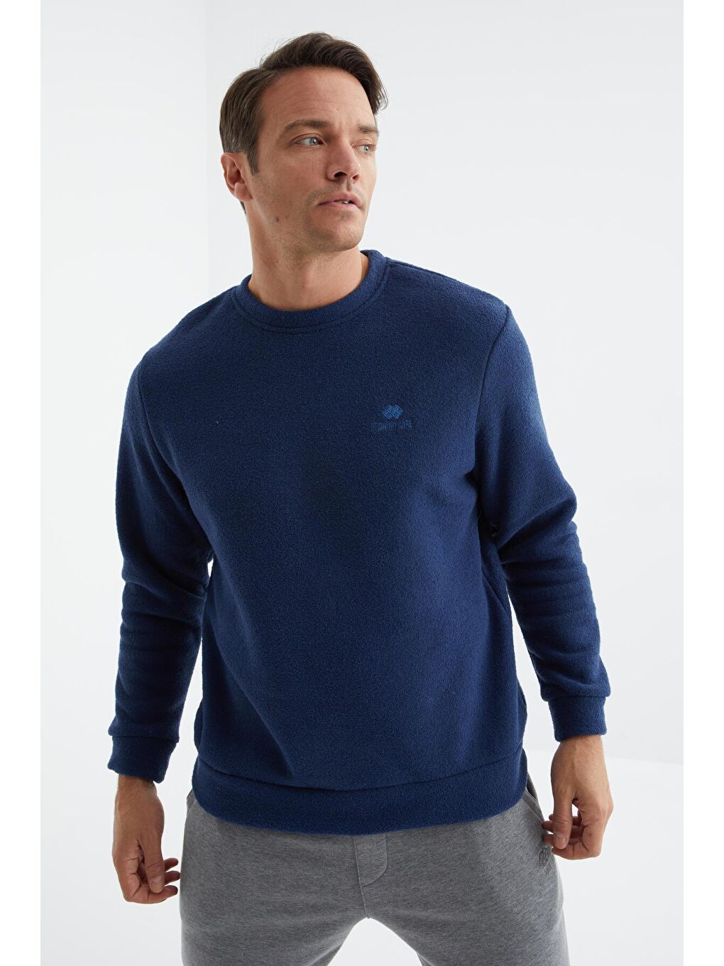 İndigo Bisiklet Yaka Basic Rahat Form Erkek Havlu Polar Sweatshirt - 88163-2