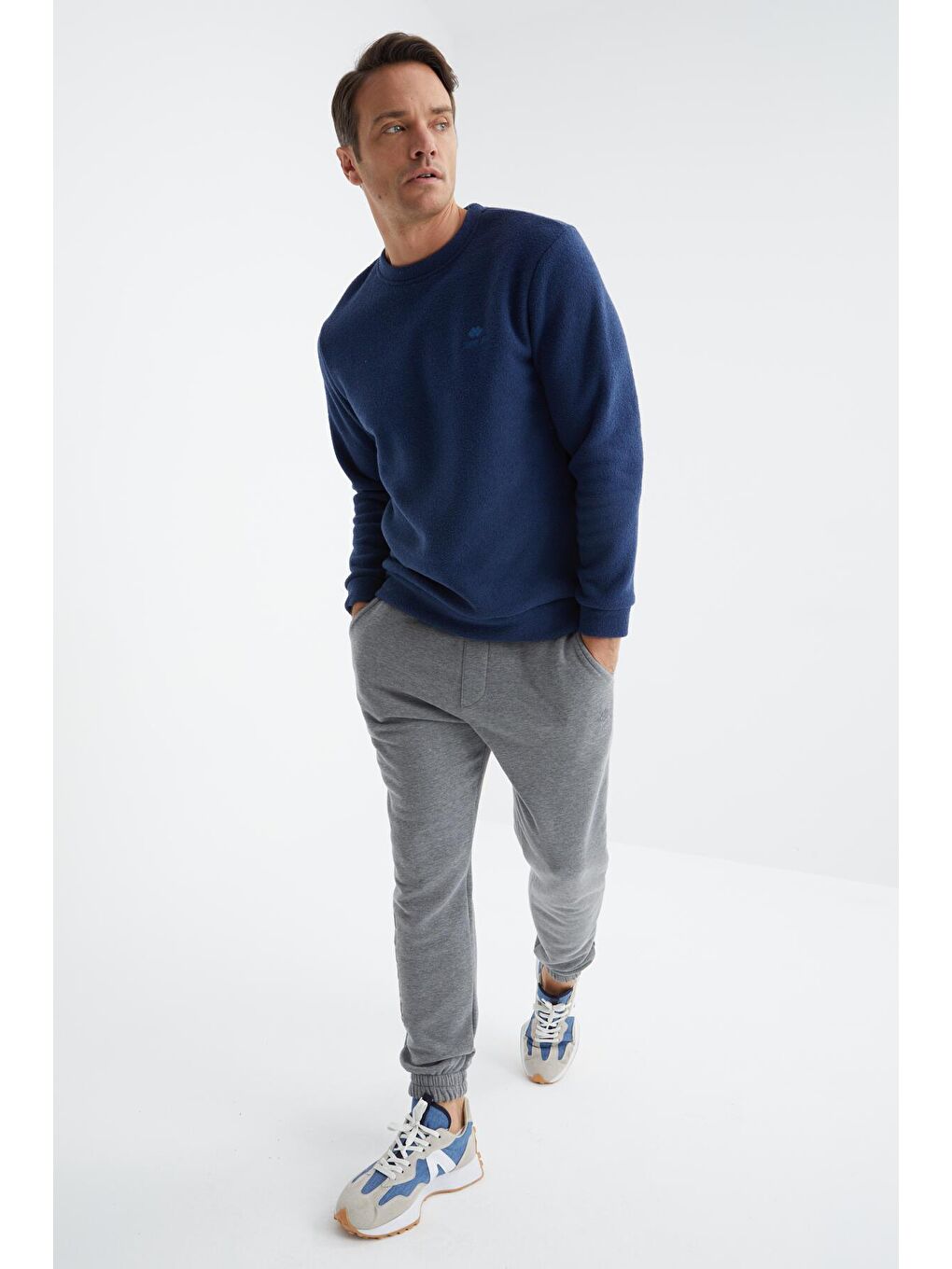 İndigo Bisiklet Yaka Basic Rahat Form Erkek Havlu Polar Sweatshirt - 88163-3