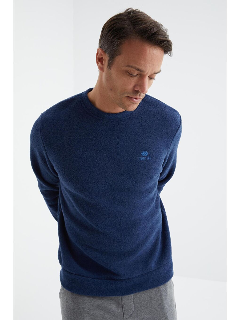 İndigo Bisiklet Yaka Basic Rahat Form Erkek Havlu Polar Sweatshirt - 88163-4