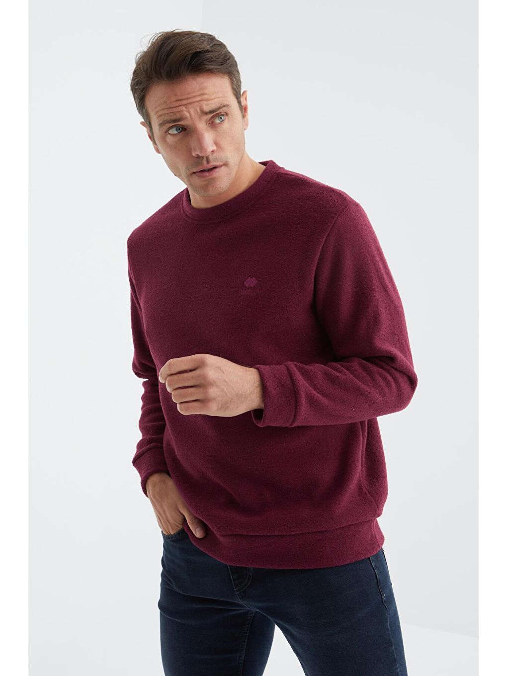 Bordo Erguvan Bisiklet Yaka Basic Rahat Form Erkek Havlu Polar Sweatshirt - 88163