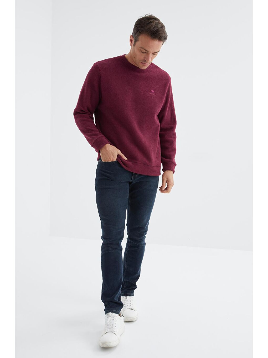 Bordo Erguvan Bisiklet Yaka Basic Rahat Form Erkek Havlu Polar Sweatshirt - 88163-1