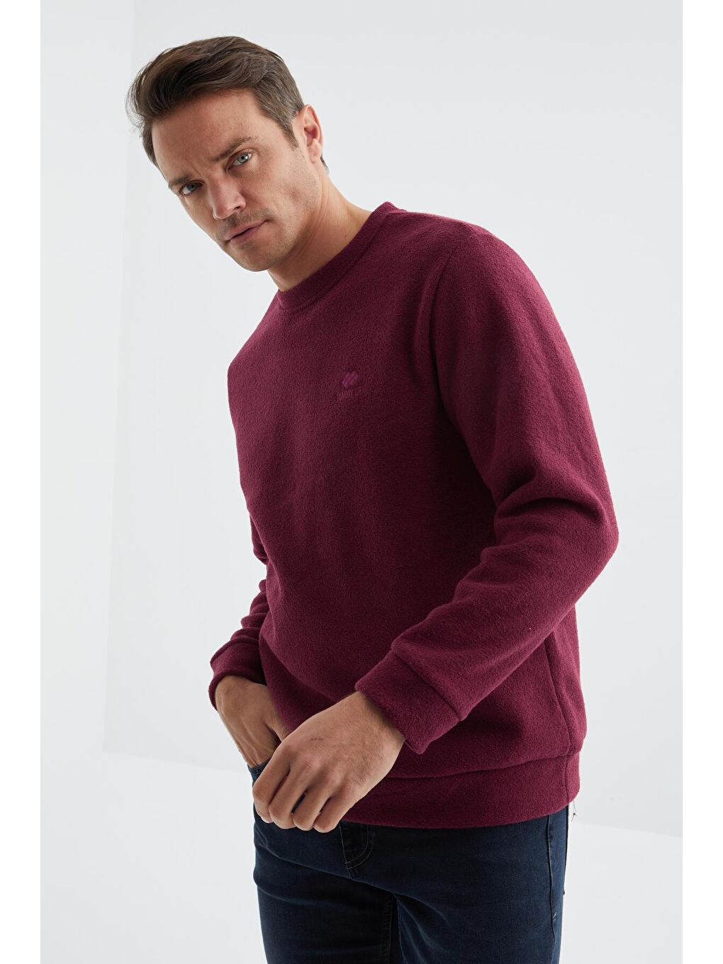 Bordo Erguvan Bisiklet Yaka Basic Rahat Form Erkek Havlu Polar Sweatshirt - 88163-2