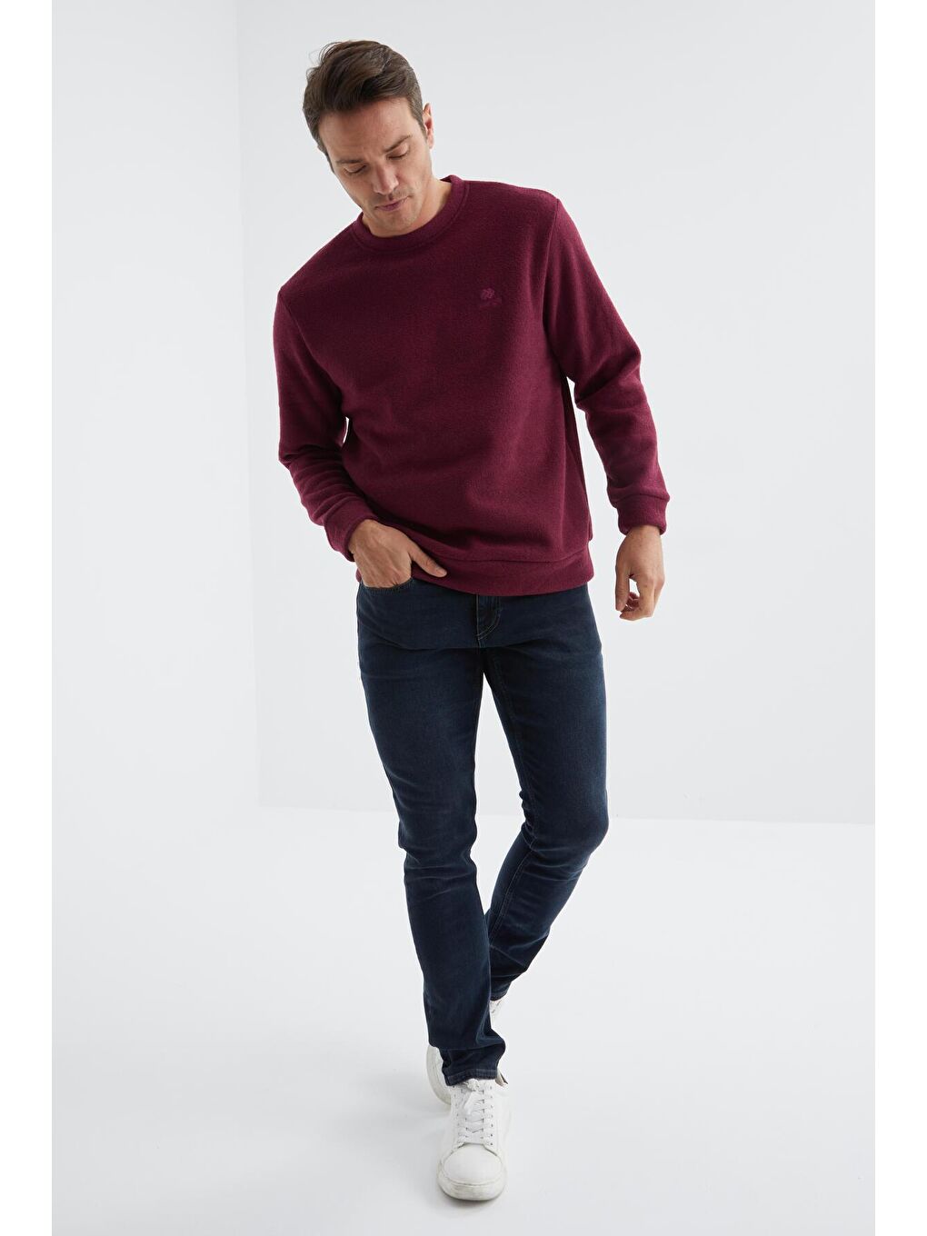 Bordo Erguvan Bisiklet Yaka Basic Rahat Form Erkek Havlu Polar Sweatshirt - 88163-3