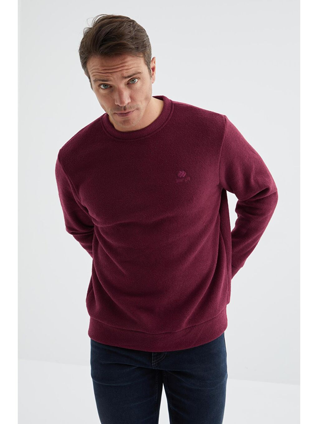 Bordo Erguvan Bisiklet Yaka Basic Rahat Form Erkek Havlu Polar Sweatshirt - 88163-4