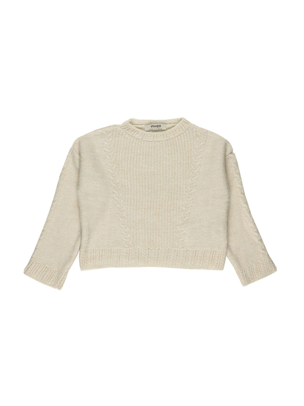 Ekru Kız Çocuk Örgü Detaylı Uzun Kollu Triko Kazak-5