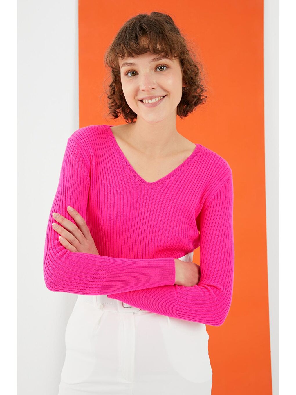 Kadın Fuşya V Yaka Fitilli Dar Kalıp Basic Kazak-1