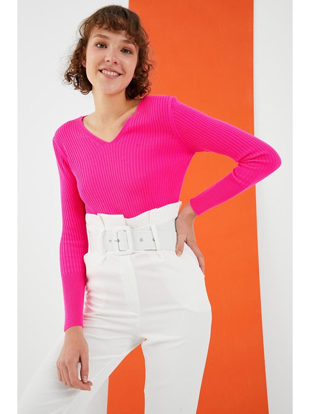 Kadın Fuşya V Yaka Fitilli Dar Kalıp Basic Kazak-3