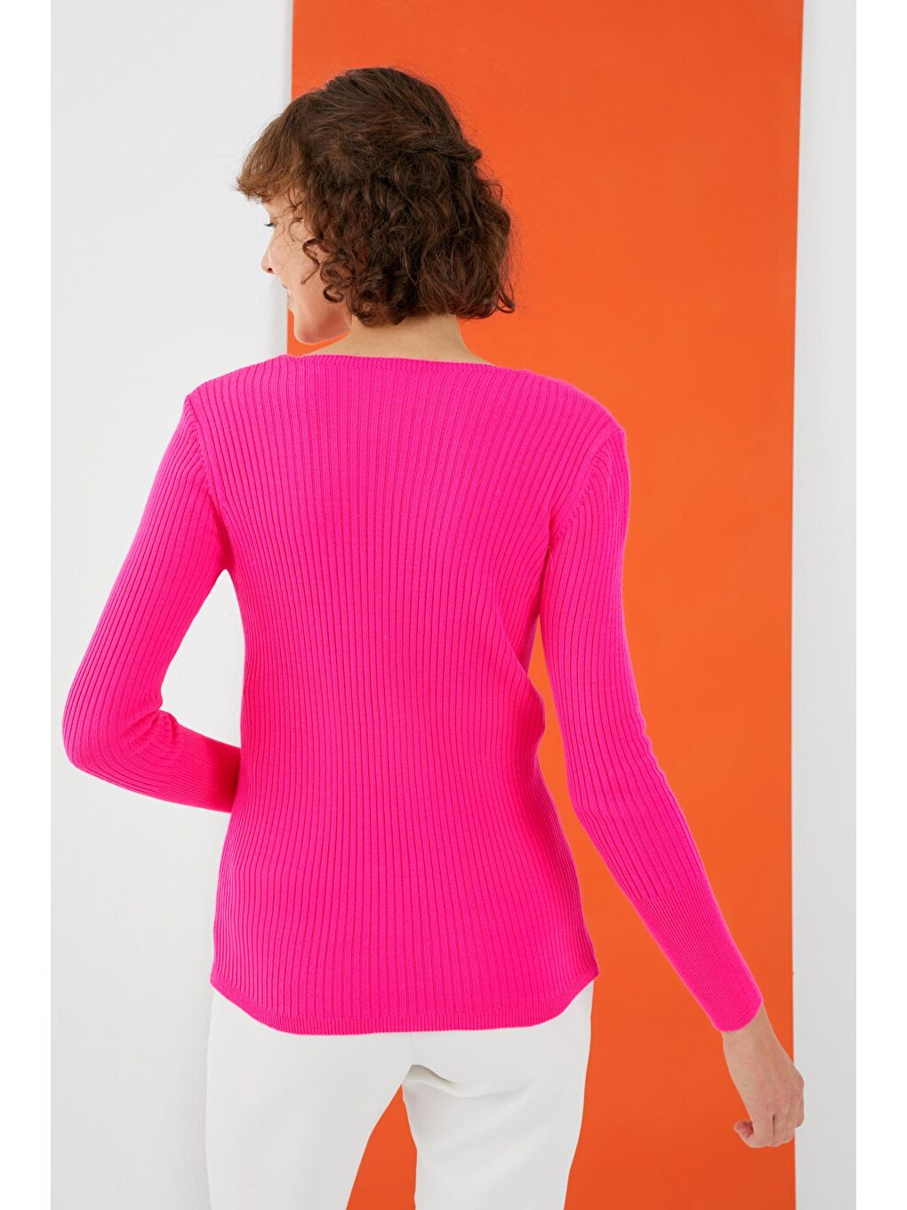 Kadın Fuşya V Yaka Fitilli Dar Kalıp Basic Kazak-4