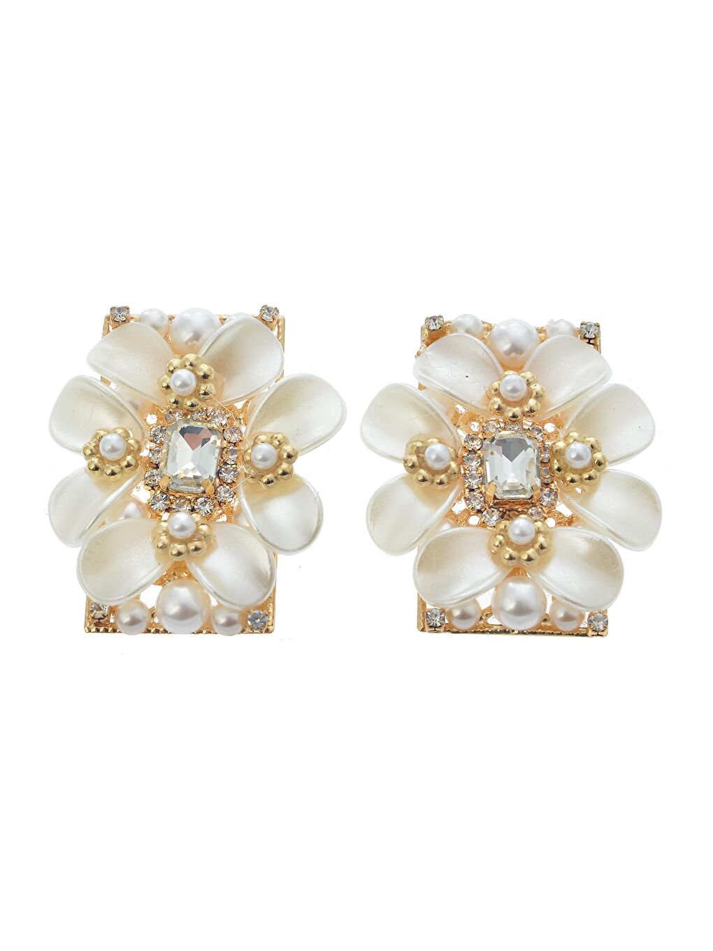 Karışık İncili Taşlı Yapraklı Dikdörtgen Küpe