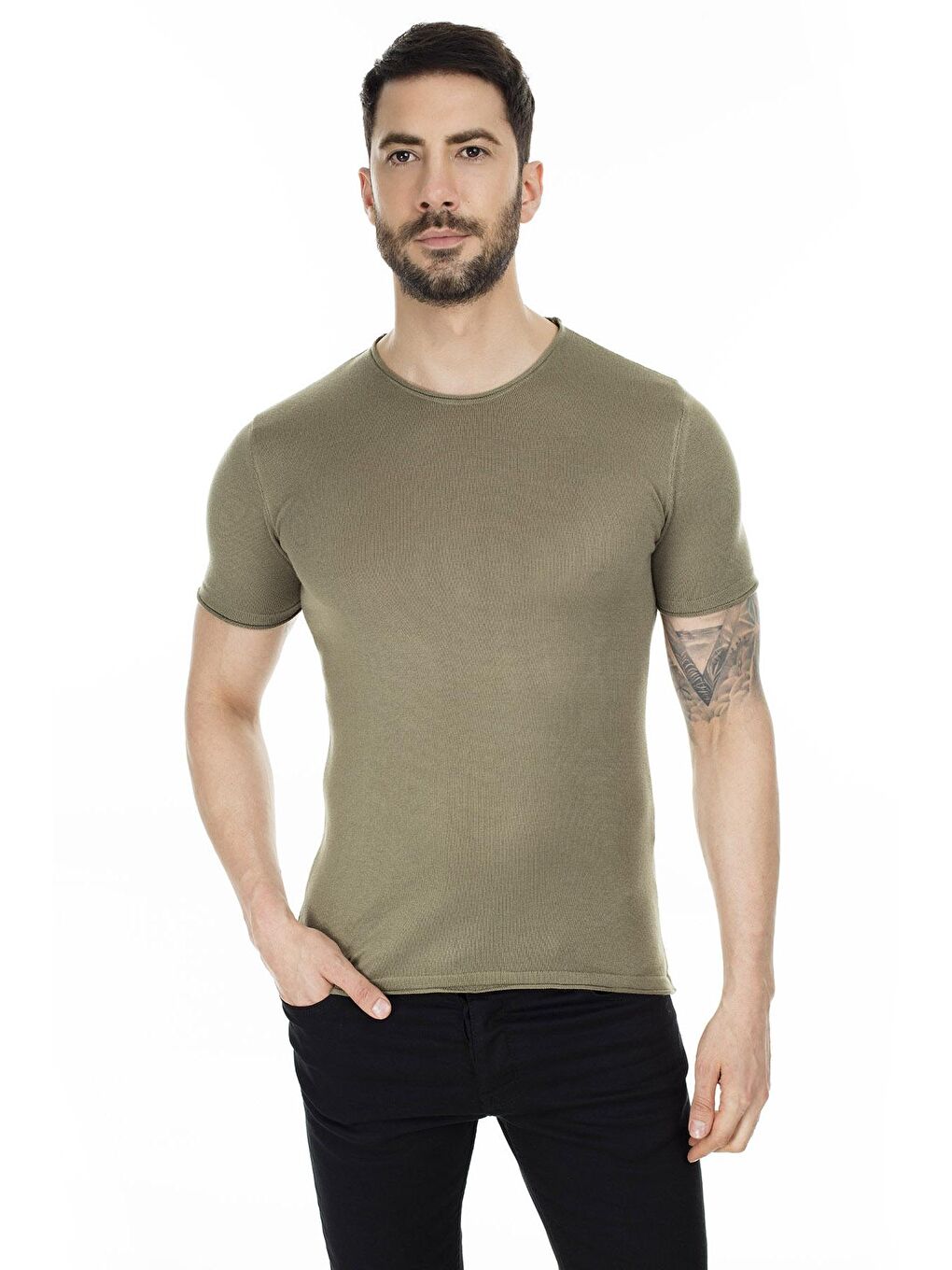 Haki Kısa Kol Bisiklet Yaka Triko T Shirt ABK60004LNS