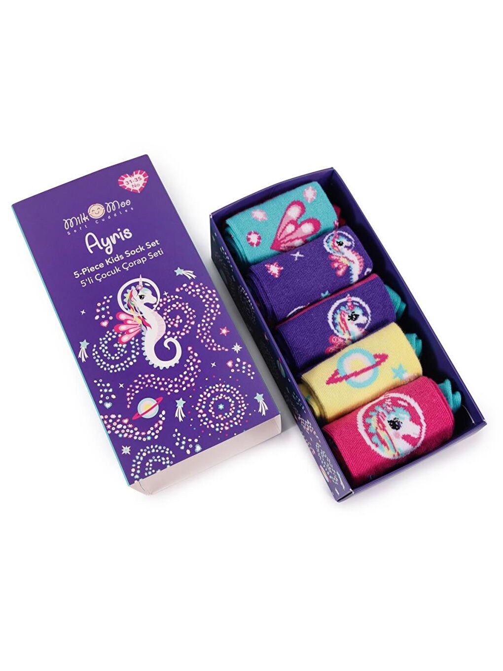 Milk&Moo Karişik Ayris Çocuk 5'li Çorap Seti, Beden 31-35, Renkli ve Rahat Tasarım - 9