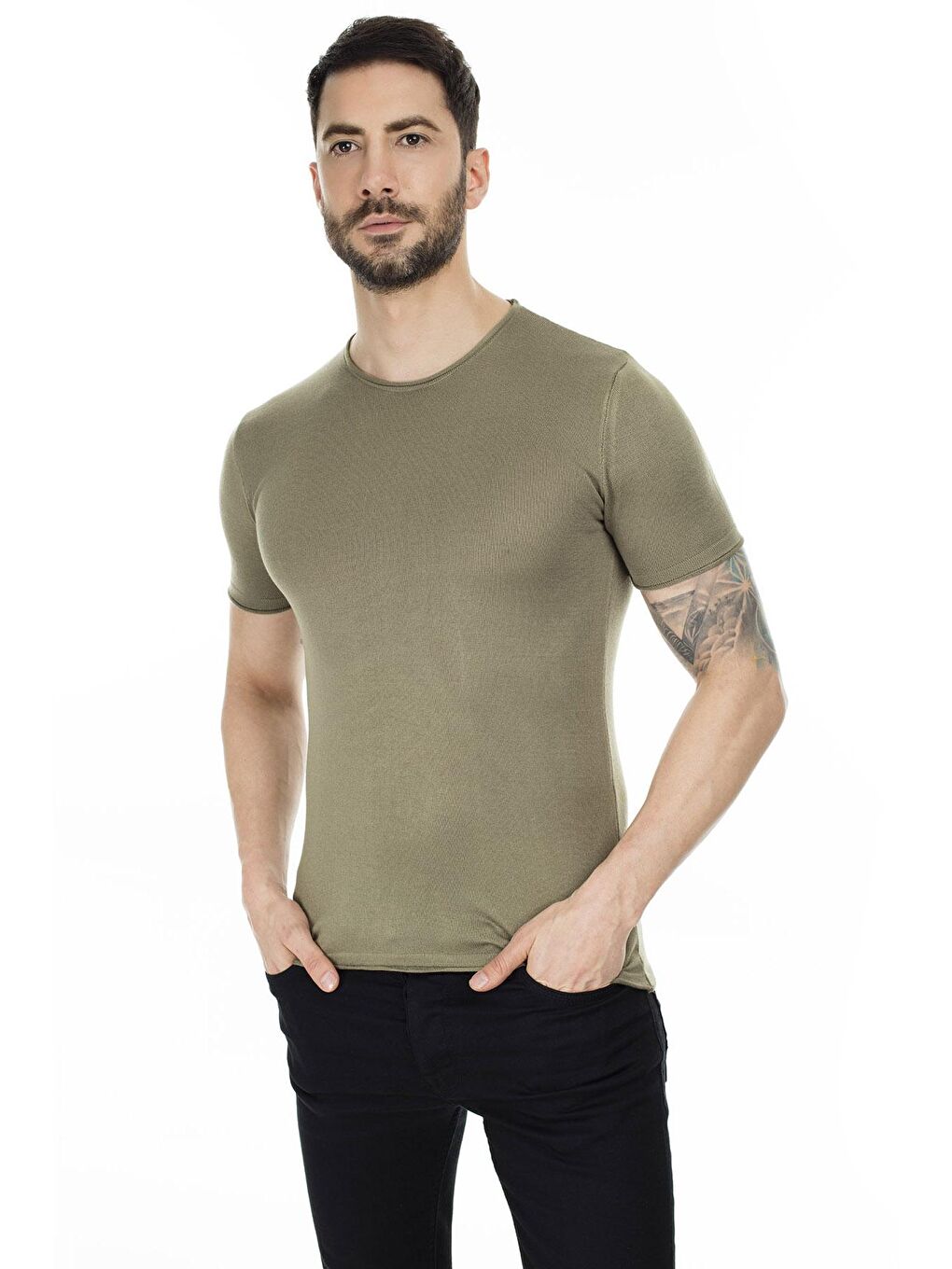 Haki Kısa Kol Bisiklet Yaka Triko T Shirt ABK60004LNS-2