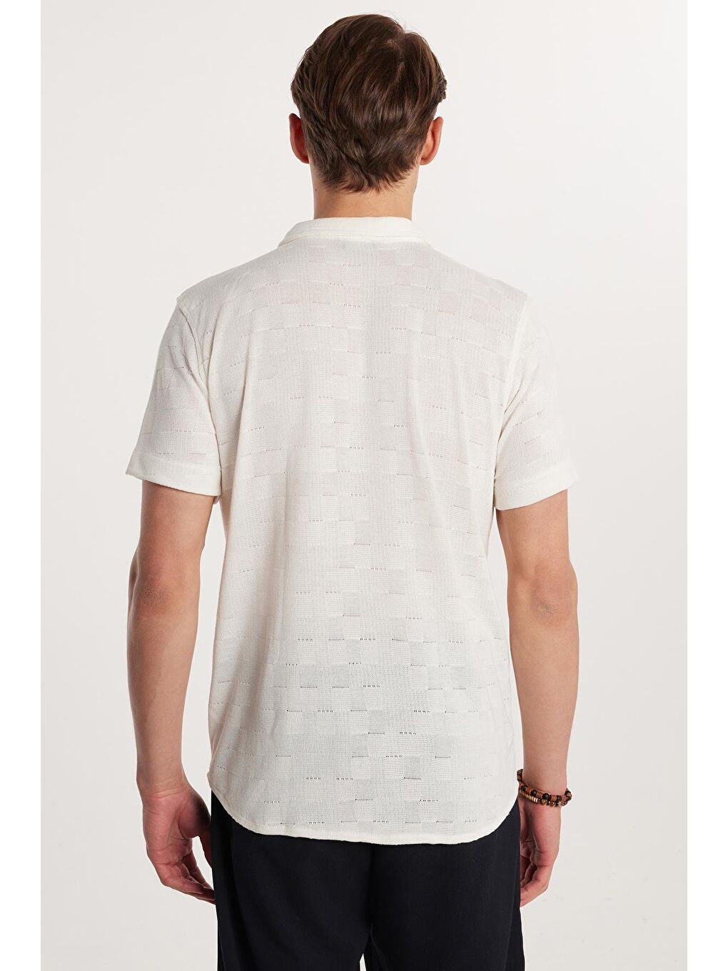 Slim Fit Kısa Kol Örme Kumaş Apaş Yaka Rahat Armürlü Doku Ekru Erkek Gömlek-4